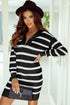 Striped O-Ring Zip Front Collared Drop Shoulder Long Sleeve Sweater Dress